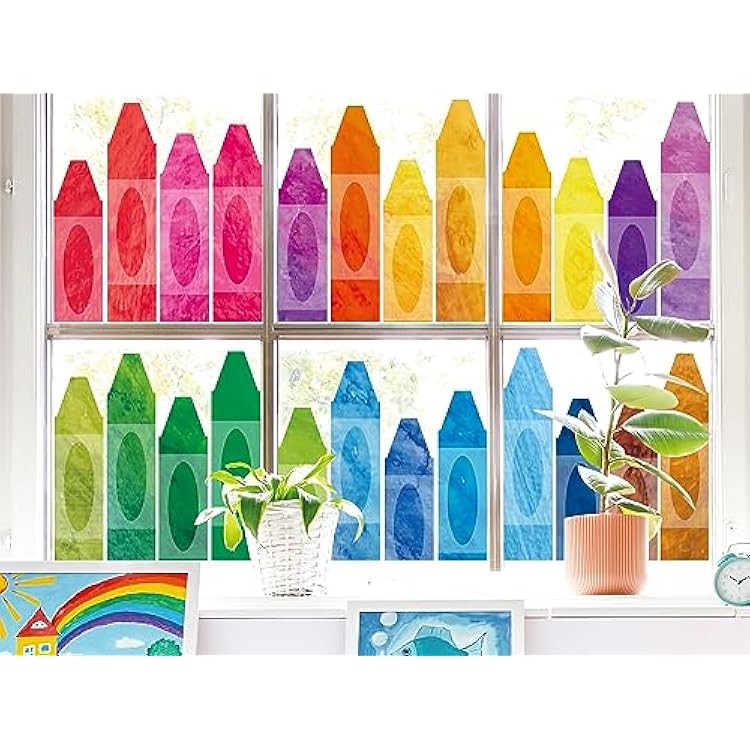 Whaline 9 Sheets Back to School Watercolor Crayon Window Clings Stickers Double-Sided Window Stickers Colorful Crayon Window Decals for Classroom Home Glass Blackboard Decor