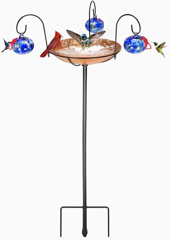 Wind Chimes Freestanding Bird Feeders for Outdoors & Bird Bath & Hummingbird Feeder 3-in-1,Hand Blown Glass Hummingbird Feeders for Outdoors,Detachable Bird Feeder & BirdBath Bowl(11in)