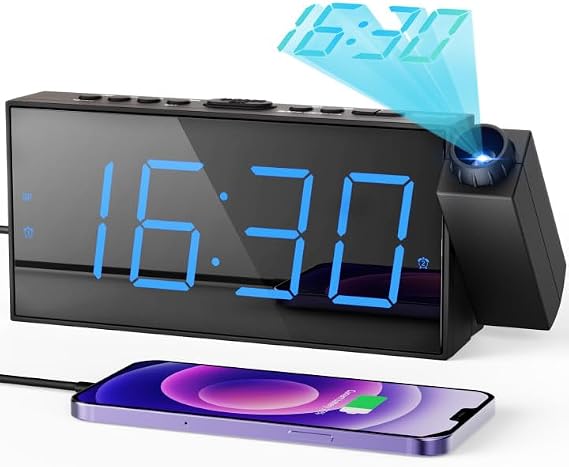 ROCAM Projection Alarm Clock, Digital Alarm with USB Charge Port, Projector for Bedroom with Dimmer, Loud Alarm Clock Bedside for Heavy Sleepers, Snooze