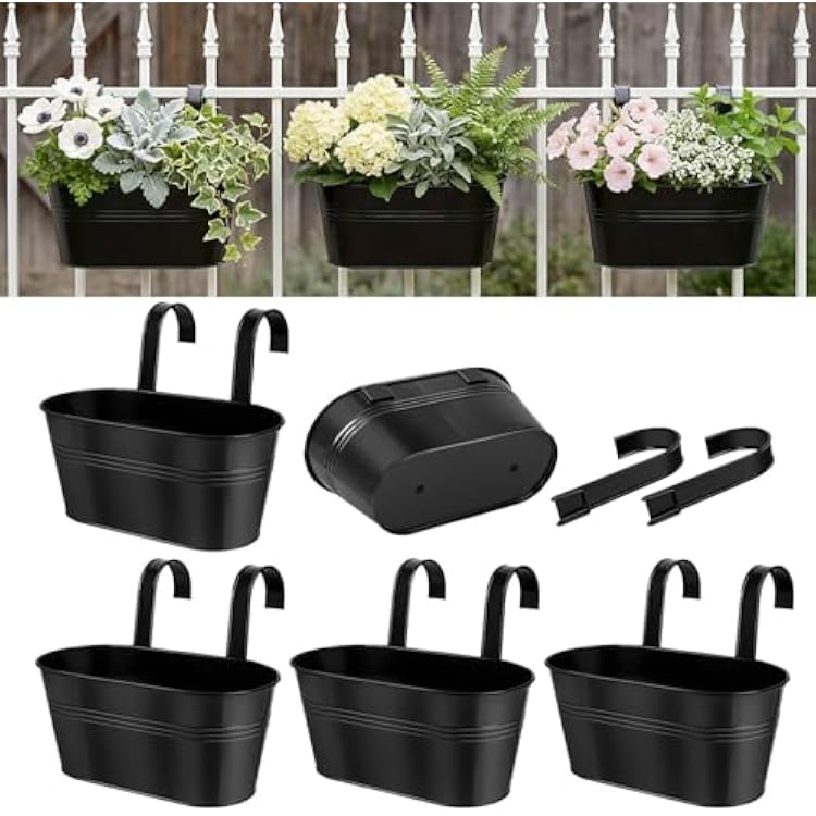 Metal Railing Planters for Outdoor Plants - 5 Pcs Balcony Hanging Flower Pots with Detachable Hooks & Drain Holes, Windowsill Oval Hanging Bucket Pots Fence Planters for Garden Home Decor, Black