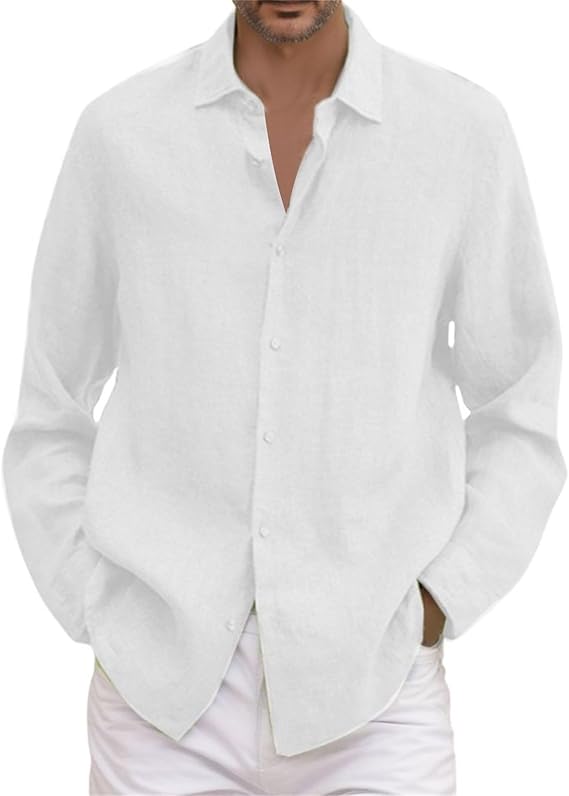Summer Cotton Linen Shirts for Men Long Sleeve Casual Button Down Shirts Plus Size Lightweight Loose Fit Beach Vacation Tops