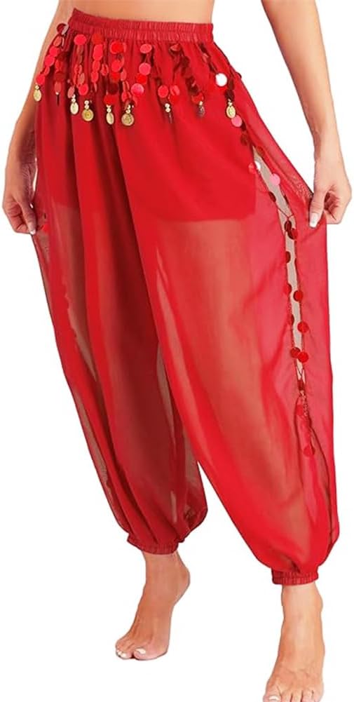 Women's Belly Dance Pants Elastic Wasited Coin Lantern Pants Side Split Sequin Shiny Harem Arabian India Performance Trousers