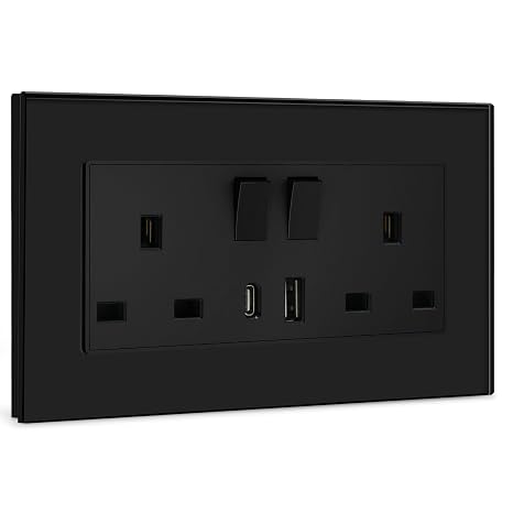 BSEED Double Switched Sockets with USB C and USB A Charging Ports, UK Standard Electric Power Sockets with Glass Panel, 2 Gang 13A Wall Socket, Black