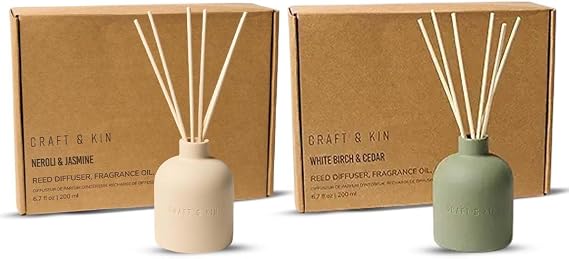 Craft & Kin Reed Diffuser Bundle | Neroli & Jasmine with White Birch & Cedar | 2-Pack, 6.7oz Each | Alcohol-Free, Essential Oils | Earthenware Collection