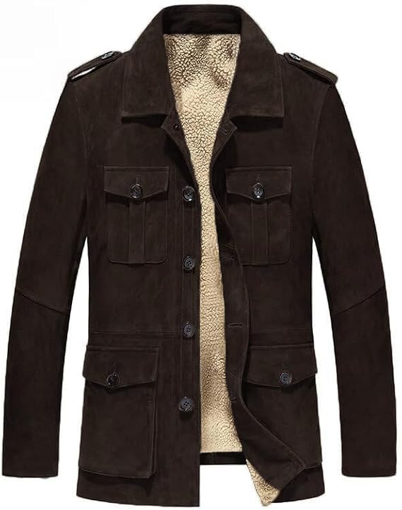 Men's Vintage Brown Suede Leather and Faux Fur Lined Jacket Winter Coat Shearling Fleece Jacket Thickened Overcoat