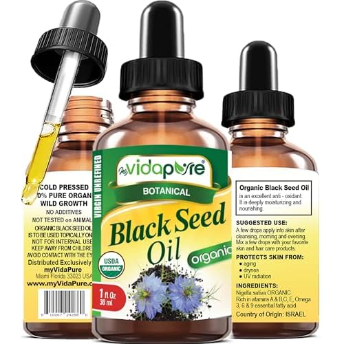 MYVIDAPURE Organic BLACK SEED OIL Certified Organic 100% Natural Pure VIRGIN UNREFINED Undiluted Cold Pressed Carrier Oil 1 Fl.oz.- 30 ml. For Face, Skin, Hair, Lip Care