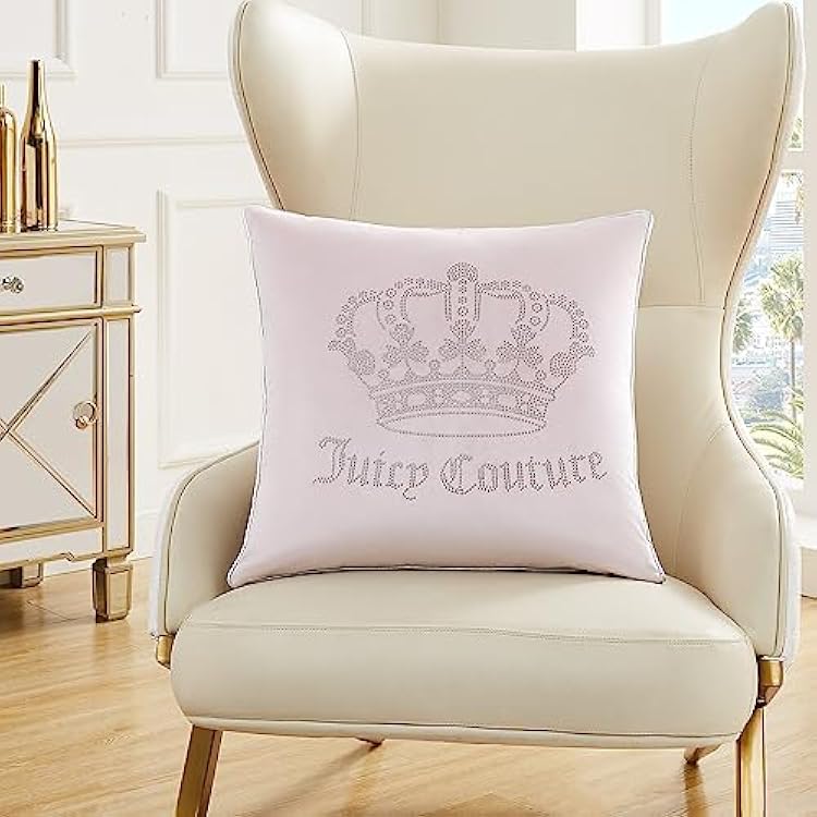 Juicy Couture - Decorative Accent Pillow, Velvet Rhinestone Crown, Premium Reversible Throw Pillow, Living Room and Bedroom Decor, Measures 20 x 20, Pink Blush