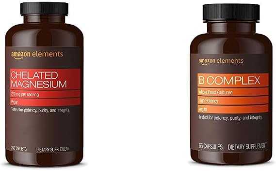 Amazon Elements Chelated Magnesium Glycinate (240 Tablets) and Amazon Elements B Complex (65 Capsules)