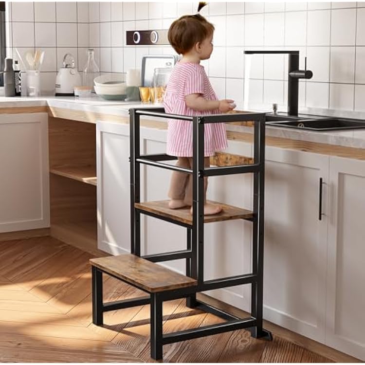 INNOD Kitchen Step Stool for Toddlers, Height Adjustable Toddler Tower with Safety Rail, Steel and Wood Toddler Kitchen Stool Helper Kids, Stool for Kids, Learning Tower, Kids Desk Brown