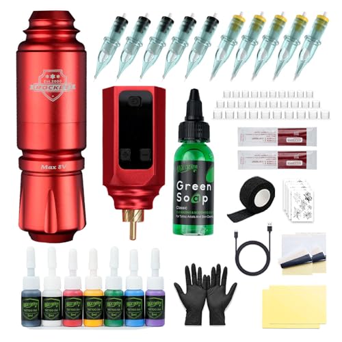 Rocket Rotary Pen with Rainbow Battery tattoo kit build in jump start mode, Type C charging, 1500mAh Battery Power Supply. Rotary Machine Kit Complete Tattoo Red
