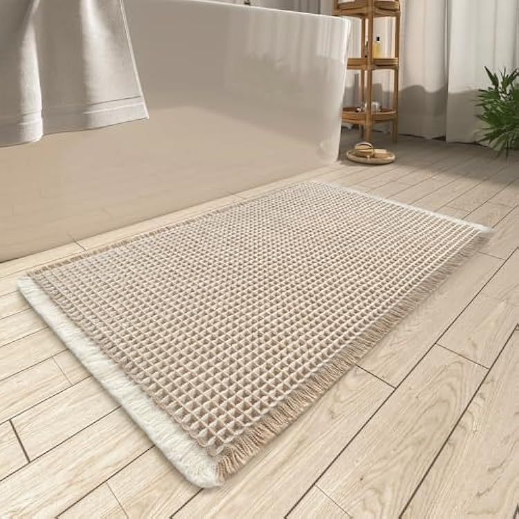 AMOAMI Upgraded Waffle Bath Mat, Super Absorbent Non Slip Bath Mats for Bathroom Floor, Machine Washable Bathroom Rugs with Tassels, Rubber Backed Bathroom Mats, Ultra Soft, 17 x 24,Brown & Cream