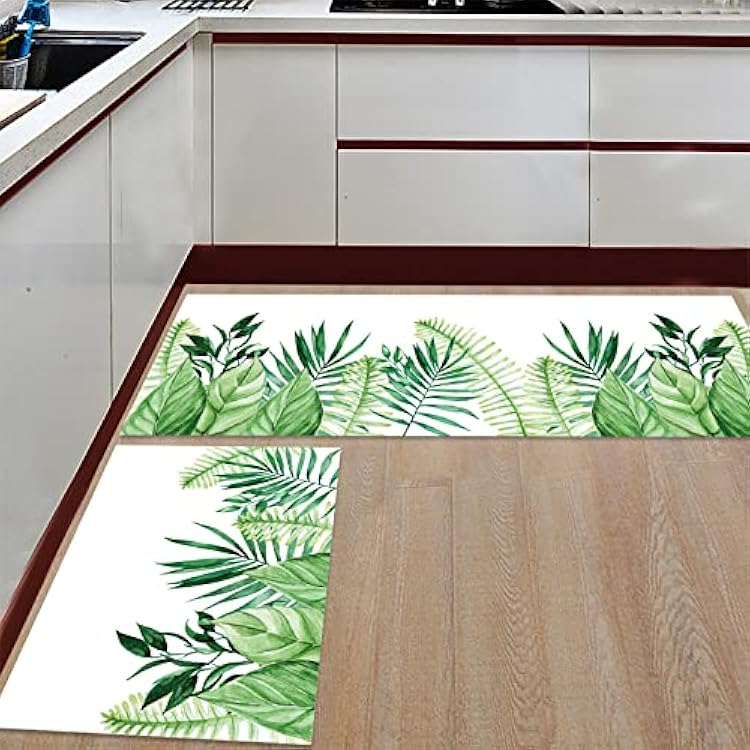 Tropical Green Leaf Kitchen Rugs and Mats Set of 2, Washable Floor Doormat Comfort Area Runner Rug Non-Slip Rubber Backing for Indoor Summer Watercolor Leaves Plant