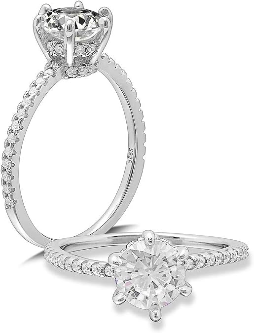 Solitaire Engagement Ring for Women by Ginger Lyne |Cubic Zirconia Sterling Silver 1 Ct With Band Accents Promise Ring for Her | 6 Prong Bridal Jewelry for Wife of Girlfriend