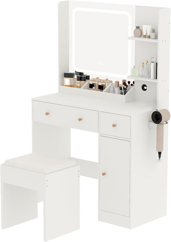 Makeup Vanity Table Set with Lighted Mirror, Stool & Power Outlet - 3 Color Lighting Modes & Adjustable Brightness, 3 Storage Drawers & Shelves, Dressing Desk for Bedroom, White