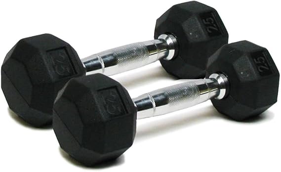 Deluxe 6-Sided Rubber Dumbbells - 3-25 lb. Pairs