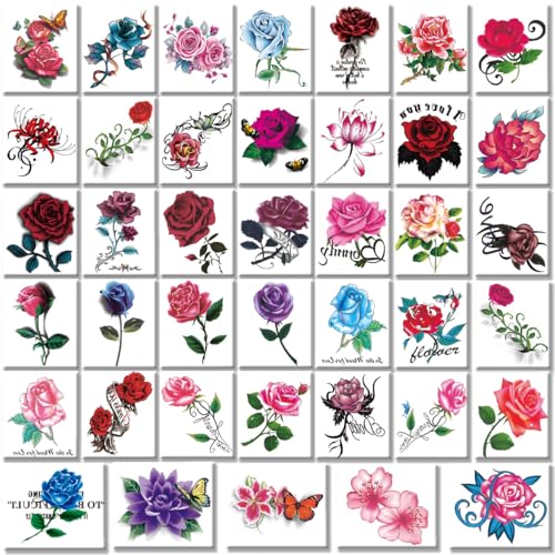 40 Pcs Small Flowers Temporary Tattoos Stickers, Roses, Butterflies and individual Colored Mixed Style Flower Tattoo for Women Adult Body Art Decoration Gifts 729