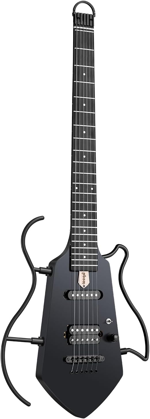 Mini Travel Electric Guitar, Small Lightweight Headless Guitar for Practice, Portable Compact Solid Body Easy Assemble Stands with Gig Bag, Black