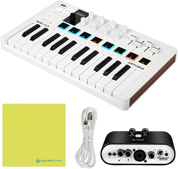 Arturia Minilab MKII 25 Slim Key Controller Keyboard + Deluxe Sustain Pedal and USB Cable Bundle Liquid Audio