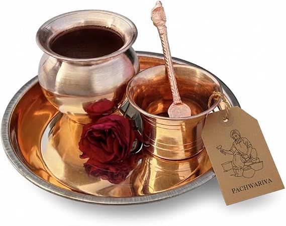 Pure Copper Pooja Thali Set with Lota, Kalash & Panchapatra with Achmani Spoon Copper Aarti Thali for Mandir, Abhishek, Hawan & Daily Puja