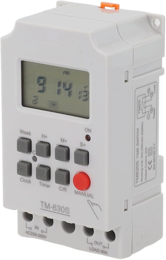 TM630S-2 LCD Programmable Timer Switch, 24-Hour/7-Day Digital Time Controller for AC 220V, 30A 250V Output, 16 On/Off Settings