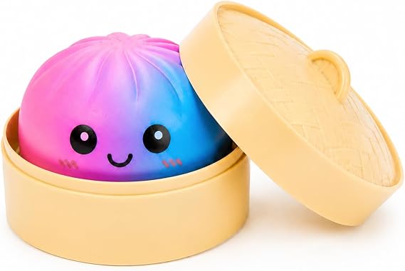 Colorful Dumpling Squishies with Box, Colorful Mystery Squishys Dumplings Stress Relief Balls Fidget Sensory Toy,Bao Bun with Food Steamer Stretchy Desk Squeeze Toys