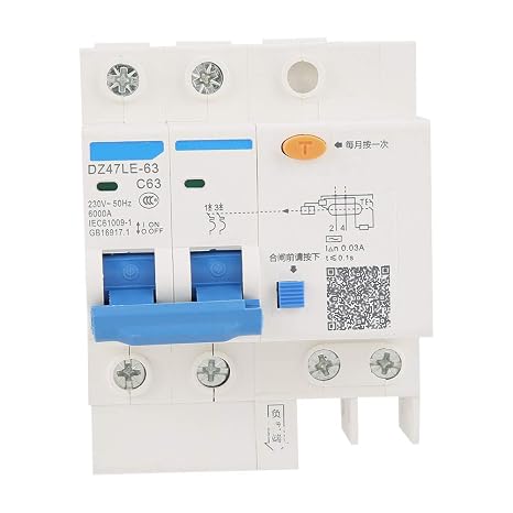 DZ47LE-63 Current Circuit Breaker 2P+N C63 RCCB 230V 63A 30mA Leakage Overload Short Circuit Protection