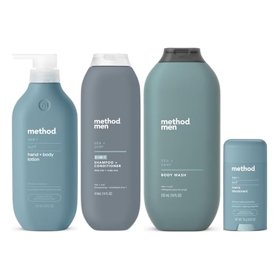 Method Sea + Surf, Body Lotion 14 Fl Oz, Deodorant 2.65 Oz, Body Wash 18 Fl Oz, Mens 2-in-1 Shampoo 14 Fl Oz (Variety Pack)