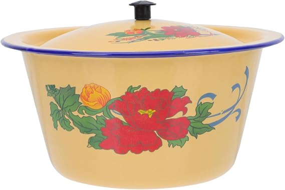 Vintage Enamel Bowl with Lid Lard Storage Pot Random Pattern Retro Kitchen Supply for Home Restaurant Use Break Resistant Enamel Mixing Bowl