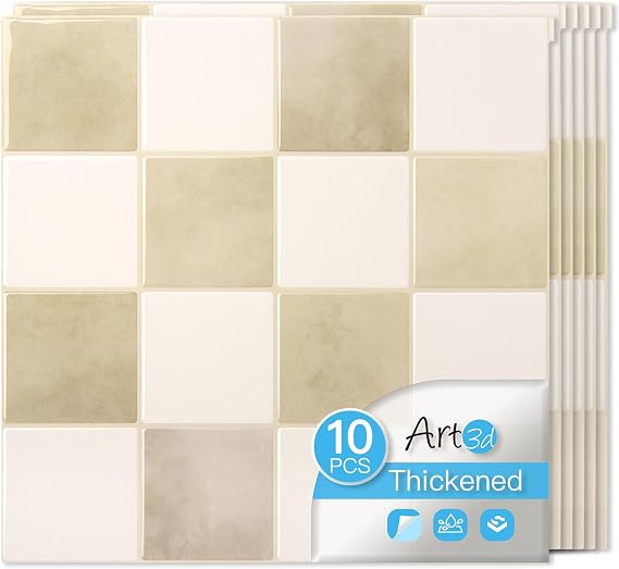 Art3d Grid Peel and Stick Backsplash, 10-Pack, 12 x 12 in, Beige and White
