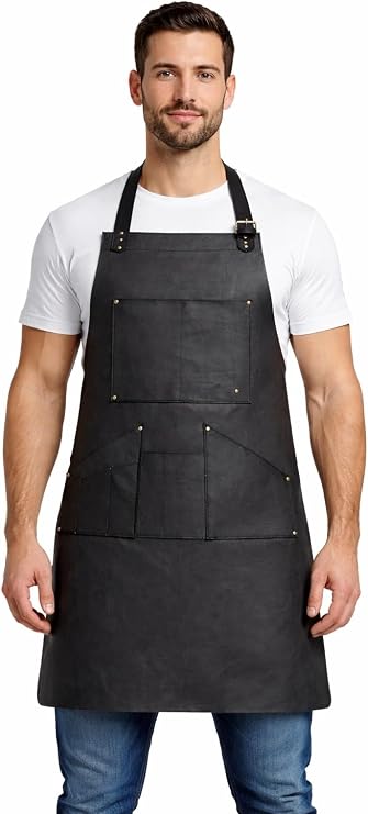 HEAVEN HUSH Genuine Leather Apron for Men, Adjustable Straps & Tool Pockets, Premium BBQ, Cooking, Blacksmith, Shop, Welding, Woodworking, Bartender Work Aprons (7 Pocket, Black)
