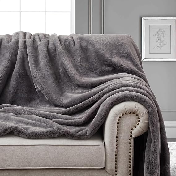 Double Sided Faux Fur Throw Blanket Silky Soft Oversized Afghan Machine Washable, Grey Striped Mink Chinchilla Shadow Fox (Ash Grey, X-Long)