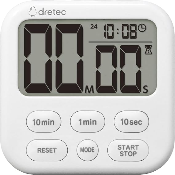 Dretec Timer, Large Screen, No Switching Required! Displays Clock and Timer on One Screen, for Study, Kitchen, Shabon 6, White