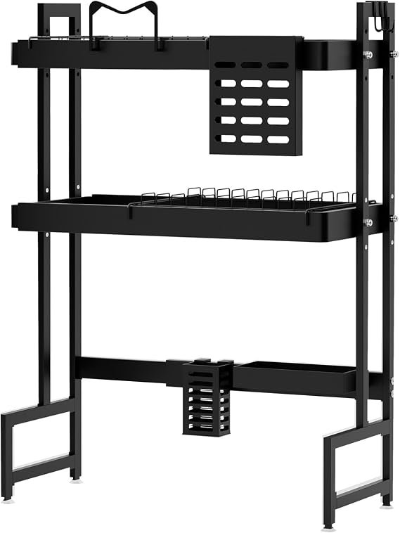 Over The Sink Dish Drying Rack, Adjustable Length (25"-39") Telescopic Dish Drainer Drying Rack with Cutter Holder Chopstick Container Bowls Pots Stand, 2 Tier Over The Counter Sink Dish Dra