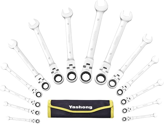 14-Piece 6-19mm Metric Flex-Head Ratcheting Wrench Set, Professional Chrome Vanadium Steel Ratchet Wrench, Combination Ended Span Kit with Portable Suspended Bag