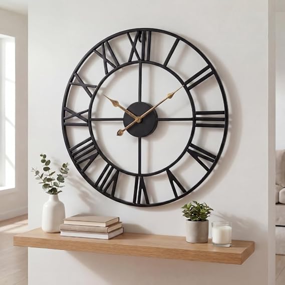 Large Wall Clock Living Room 60cm Roman Numerals Metal Silent
