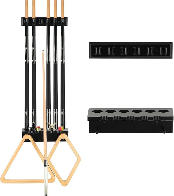 EXTCCT Wall Mount Pool Cue Rack Stick Holder, Billiards Rack, 6-Cue Black | Solid Oak Hardwood Pool Cue Set Holder For Sticks Storage. Essential Pool Table Accessories And Equipment Organizer.