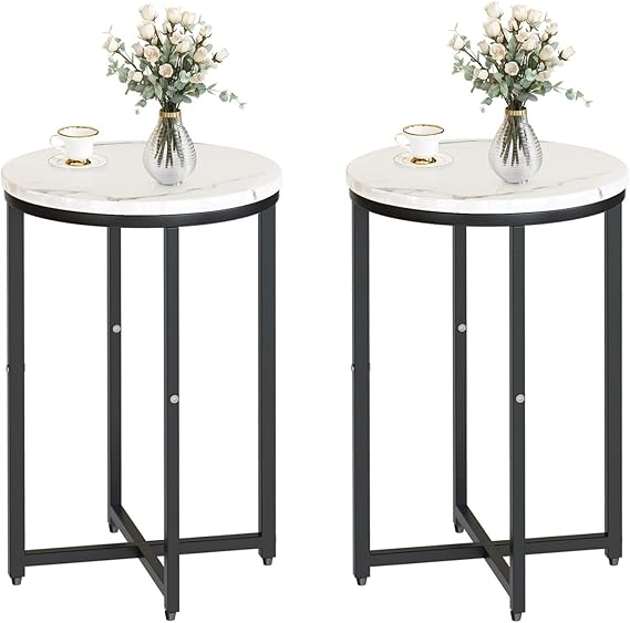 DKLGG Modern Black Side Table Set of 2, Small Coffee Table Round End Table with Black Frame, Faux Marble Bedside Table for Living Room, Bedroom, Small Space, 16" D*24" H