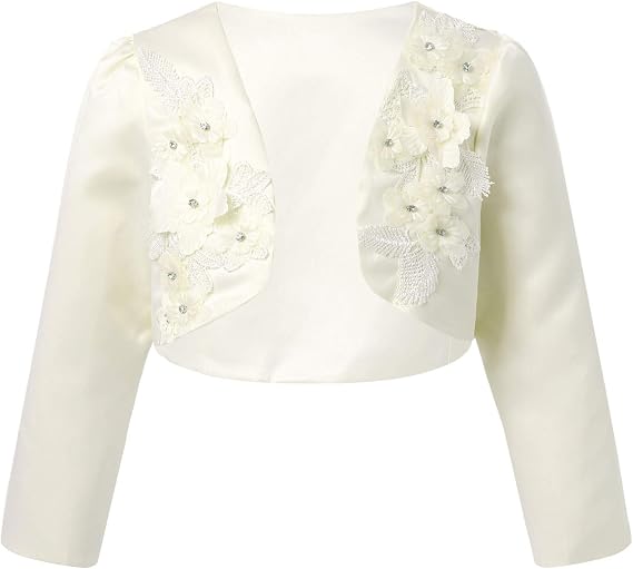 Jelory Kids Girls Long Sleeve 3D Flower Applique Bolero Wedding Party Princess Cover Up Shrug Cardigan
