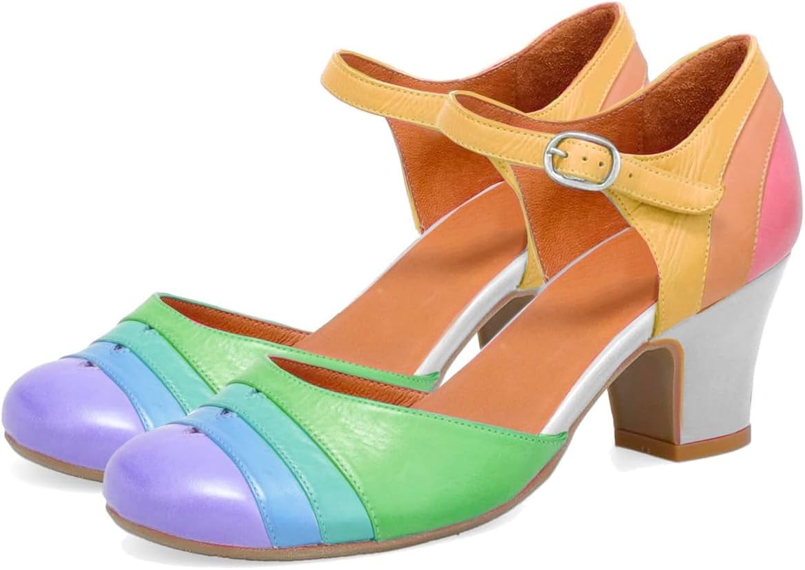 MOOMMO Women Vintage Low Chunky Heel Mary Jane Shoes Pumps Round Closed Toe Cut-out Dress Sandals Ankle Strap 2 Block Heels Mary Janes Dress Shoes Rainbow Patchwork Buckle Office Party Fall 4-11 M US
