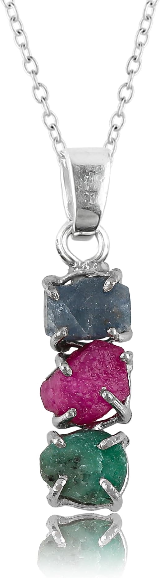 GEMKORA Ruby-Emerald-Sapphire Precious Trio Crystals Pendant Necklace, Rock, Natural Gemstone, Dainty Prong Setting, Energy Healing Stone, Birthstone,