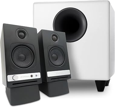 Audioengine A2 HD HD3 Black Computer Speakers with S8 White Subwoofer and DS1 Stands