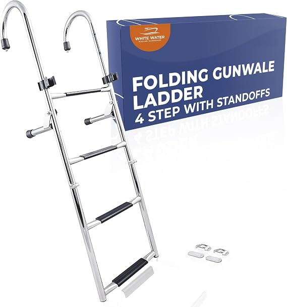 White Water - B00365-4 Step Gunwale-Mounted Removable Ladder | Marine 304 Stainless Steel Heavy-Duty Boarding Ladder | Corrosion-Resistant w/Deck Mount Brackets | Non-Slip Steps for Boats & Yachts