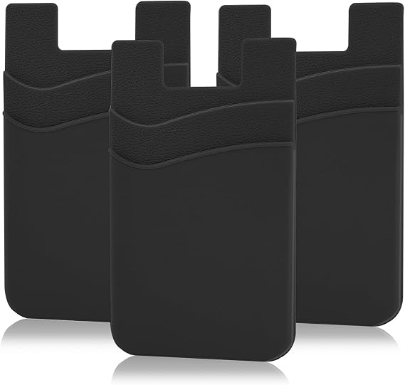 SS Black Phone Wallet, Credit Card Holder Stick on for iPhone Samsung Galaxy Any Smartphone 3 Pack