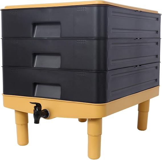 High-Capacity 3-Tray Worm Farm Composter - 65L Indoor/Outdoor Vermicomposting System for Efficient Food Waste Recycling and Organic Gardening, Yellow+Black