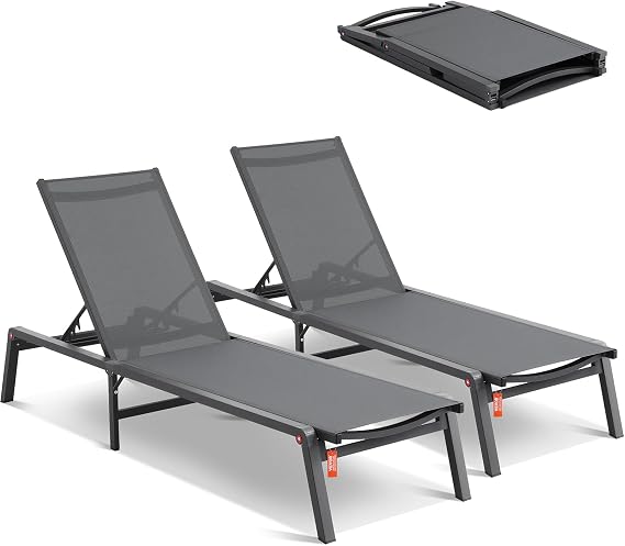 VEVOR 2 Pcs Chaise Lounge Chairs Outdoor, Aluminum Patio Lounge Chair with Adjustable 5-Position, Folding Pool Chairs Recliner  Flat Tanning Chair for Patio, Beach, Pool, Gray, 2 pcs