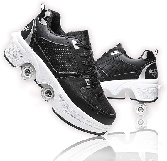 Four-Wheel Recyclable Roller Skate Skates,2-in-1 Parkour Shoes, Shoes that Turn Lnto Rollerskates, Children's Roller Skates Ladies Kick-Roller Shoes Adult Skating Cool Running