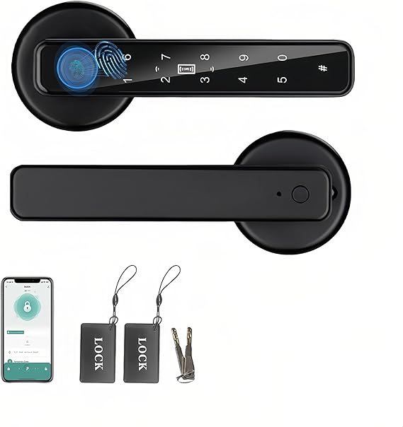Smart Lock Door Handle, 5 in 1 Fingerprint Digital Electronic Lock | Keyless Passcode, Automatic Finger Print Handle with APP IC Card Keys, Bedroom Home Office Apartment Hotel Security Use