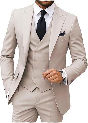 MoranX Men's Suits Regular Fit 3 Pieces Double Breasted Formal Business Tuxedos Blazer Vest Pants for Wedding Grooms