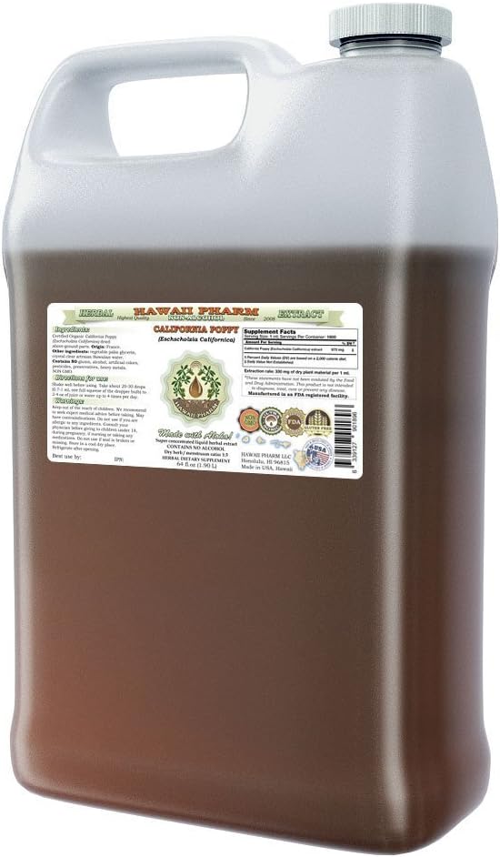 Hawaii Pharm California Poppy Alcohol-Free Liquid Extract, California Poppy (Eschscholzia Californica) Dried Above-Ground Part Glycerite Natural Herbal Supplement 64 oz