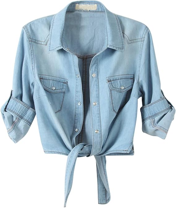 Omoone Women's 3/4 Sleeve Modern Denim Crop Top Tie Knot Shirt Chambray Cardigan